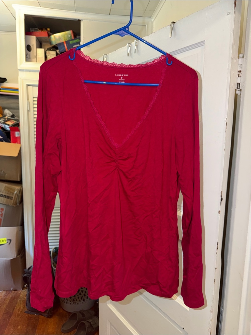 Lands End Ruched Lace Trim V-Neck Long Sleeve T-Shirt